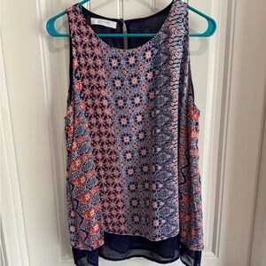 Geometric Sleeveless Blouse - Navy and Coral
